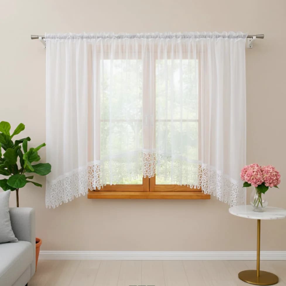 Detale i struktura materiału - Firana woalowa w łuk z gipiurą – Śnieżna biel 400x180 cm