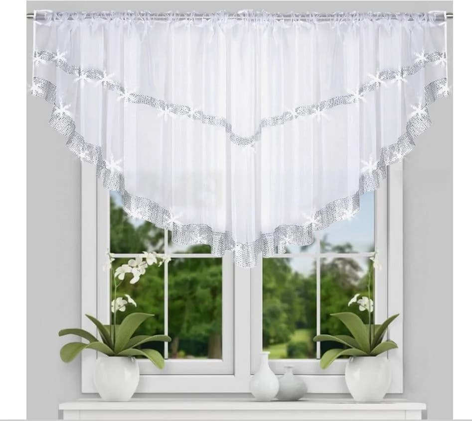 Firana woalowa w łuk z cyrkoniami – Śnieżna biel 380x80 cm - Firana / Zasłona, sklep Firanka24