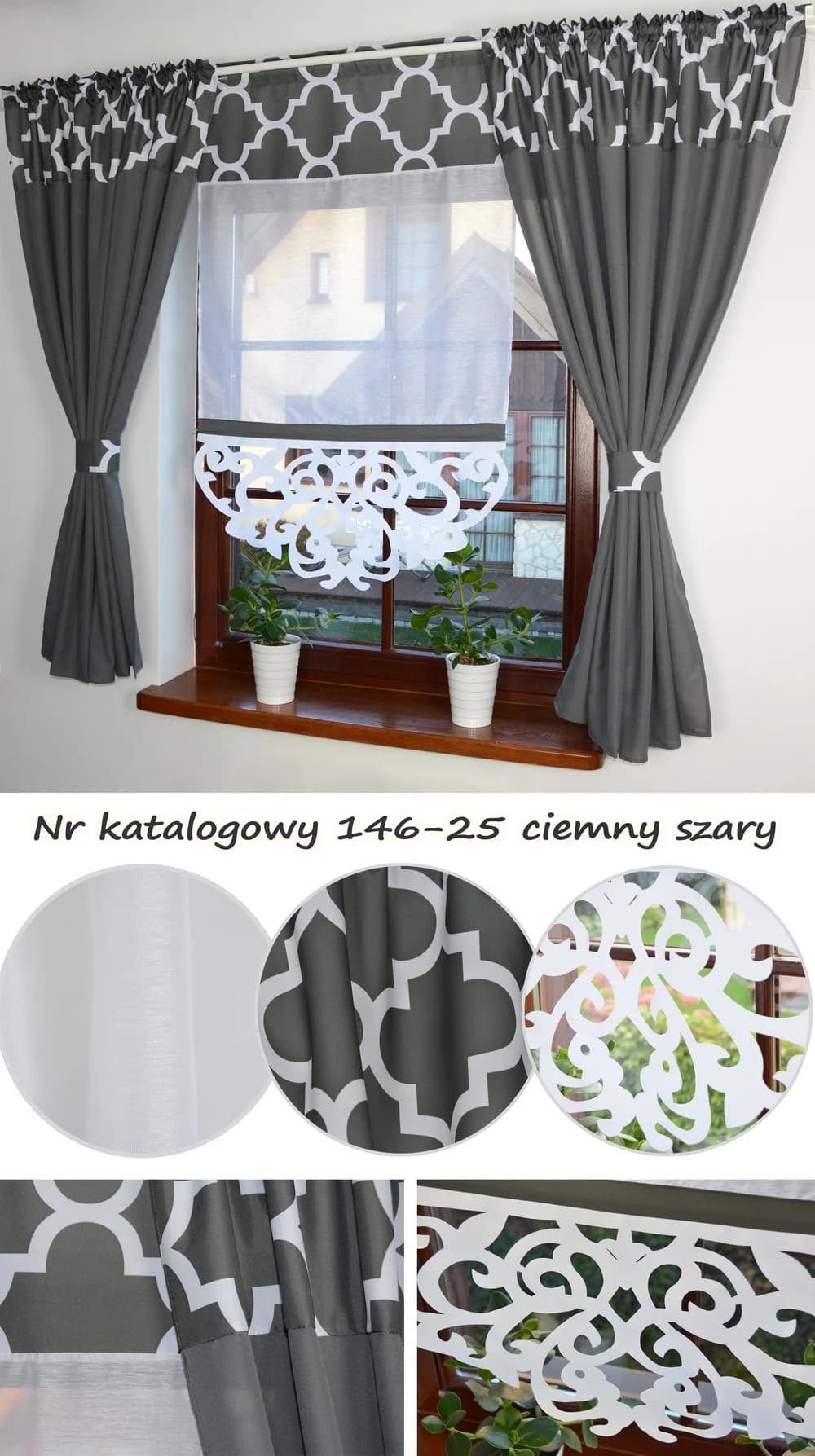 Detale i struktura materiału - Zestaw zasłon z panelem ażurowym Maroko – Ciemnoszary 370x160 cm