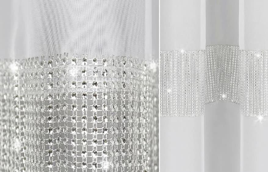Detale i struktura materiału - Firana woalowa z pasem cyrkonii – Śnieżna biel 400x150 cm