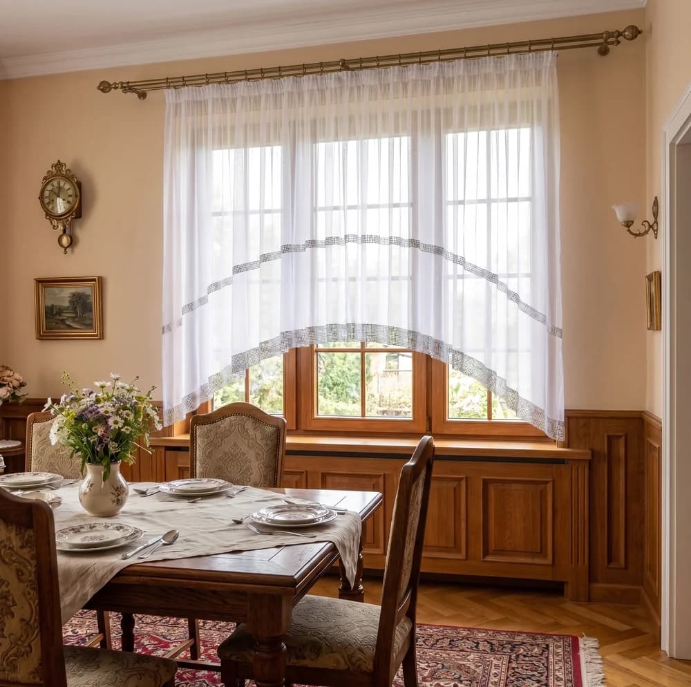 Detale i struktura materiału - Firana woalowa w łuk z cyrkoniami – Biel i srebro 400x150 cm