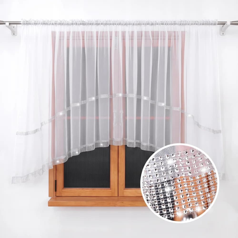 Firana woalowa w łuk z cyrkoniami – Biel i srebro 400x150 cm - Firana / Zasłona, sklep Firanka24