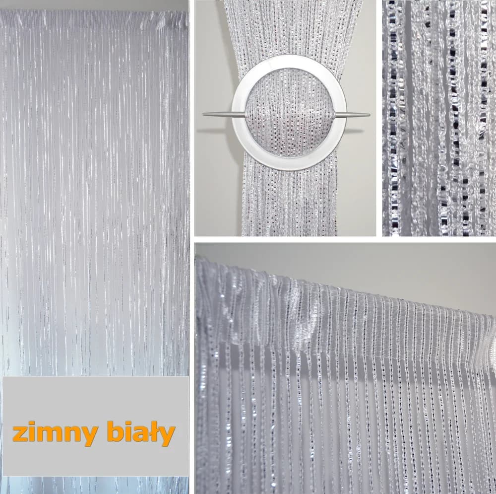 Detale i struktura materiału - Firana sznurkowa Makarony ze srebrną tasiemką – Zimna biel 300x250 cm