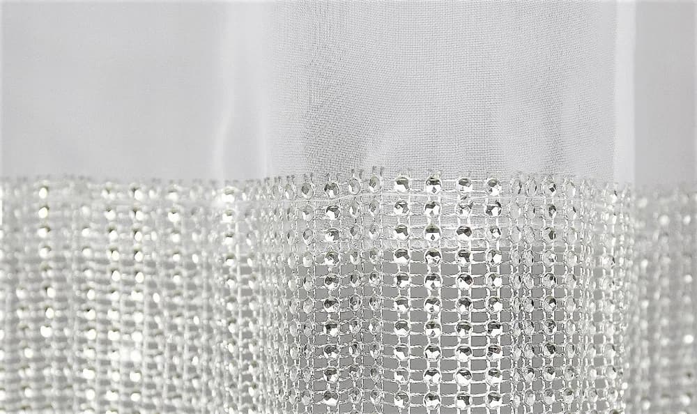 Detale i struktura materiału - Firana woalowa w kształcie M z cyrkoniami – Śnieżna biel 400x150 cm
