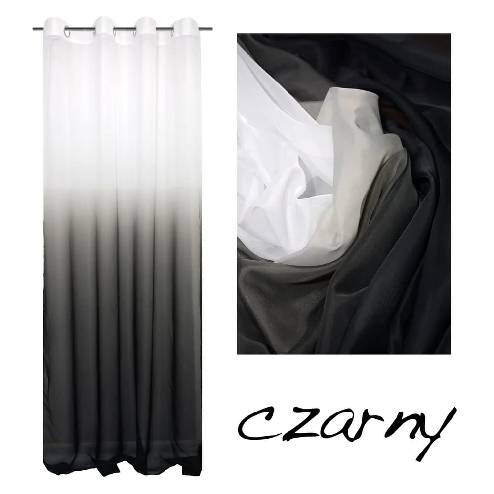 Detale i struktura materiału - Firana woalowa ombre na przelotkach – Biało-czarna 145x250 cm