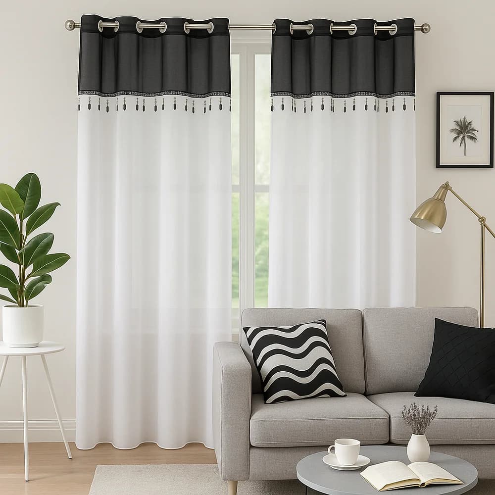 Detale i struktura materiału - Firana woalowa z koralikami glamour – Czarno-biała 145x250 cm