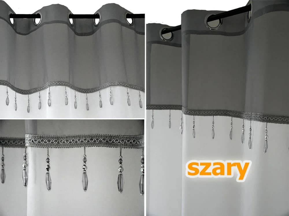 Detale i struktura materiału - Firana woalowa na przelotkach z koralikami – Szara 145x250 cm