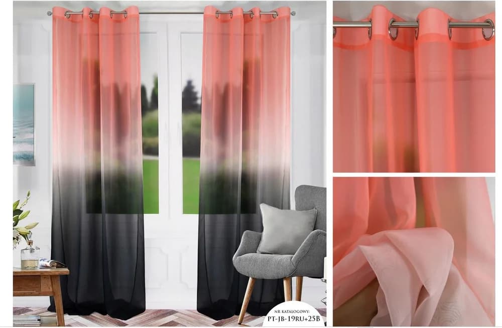 Detale i struktura materiału - Firana woalowa cieniowana ombre – Różowo-czarna 145x250 cm
