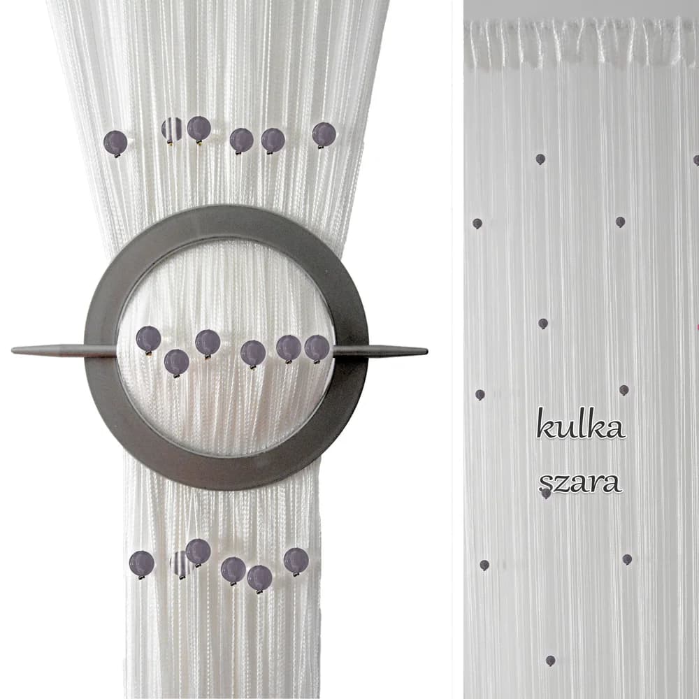 Detale i struktura materiału - Firana sznurkowa Makarony z koralikami – Biel i szarość 300x250 cm