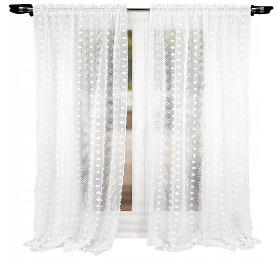 Firana sable z pomponami na taśmie – Biel 145x250 cm - Firana / Zasłona, sklep Firanka24