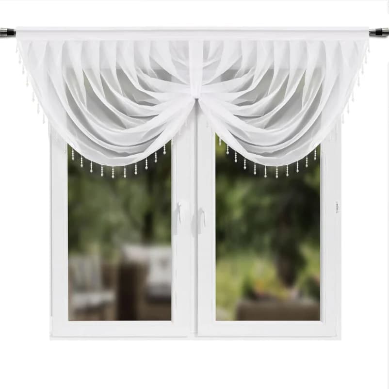 Firana woalowa lambrekin z koralikami – Biel 200x80 cm - Firana / Zasłona, sklep Firanka24