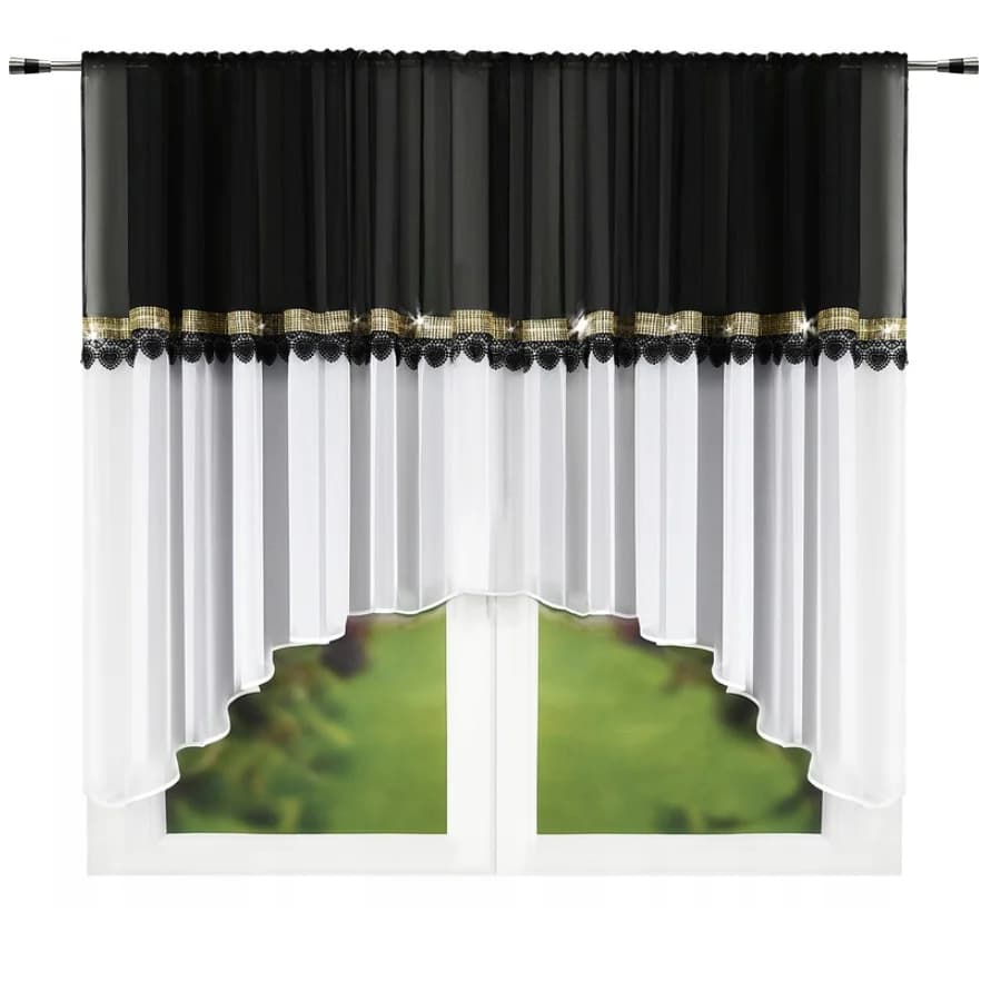 Firana w łuk z gipiurą i cyrkoniami – Biało-czarna 400x150 cm - Firana / Zasłona, sklep Firanka24