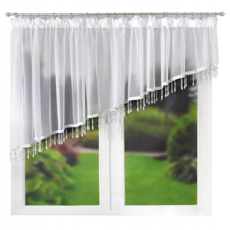 Firana woalowa na skos z koralikami – Biała 400x100 cm - Firana / Zasłona, sklep Firanka24