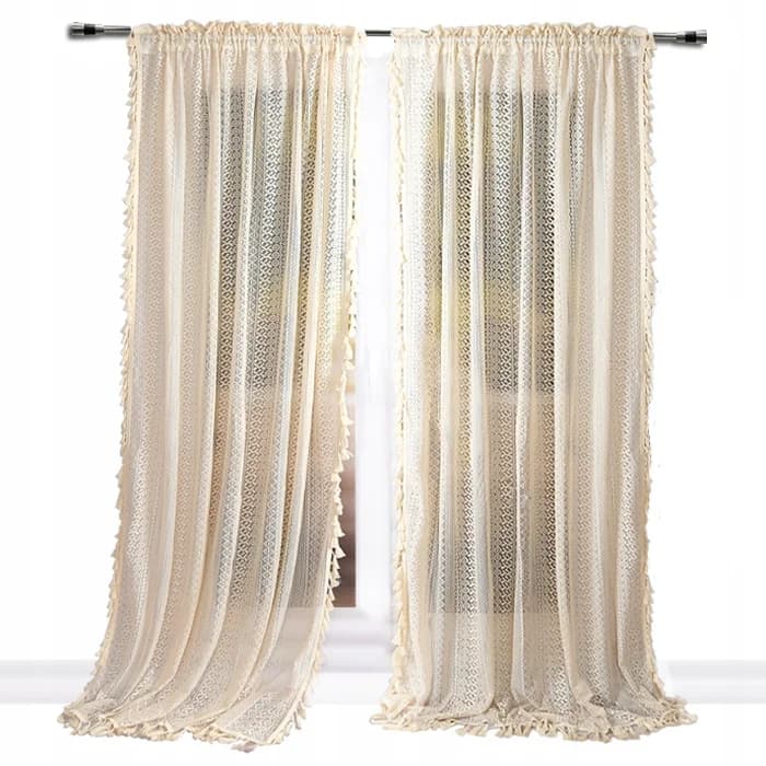 Firana boho z koronką i frędzlami – Beżowa 145x250 cm - Firana / Zasłona, sklep Firanka24
