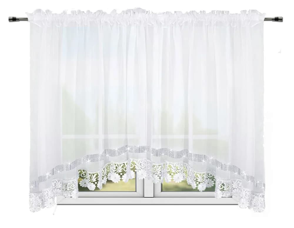 Firana woalowa w łuk z gipiurą i cyrkoniami – Biel 400x165 cm - Firana / Zasłona, sklep Firanka24