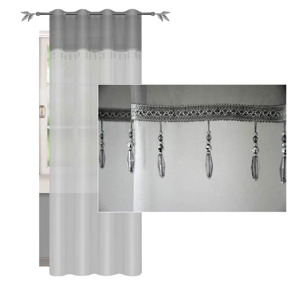 Firana woalowa na przelotkach z koralikami – Szara 145x250 cm - Firana / Zasłona, sklep Firanka24