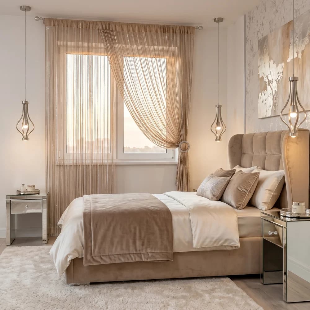Detale i struktura materiału - Firana sznurkowa Makarony ze srebrną tasiemką – Cappuccino 300x250 cm