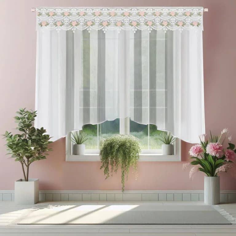 Detale i struktura materiału - Firana woalowa w łuk z gipiurą – Biel 200x160 cm