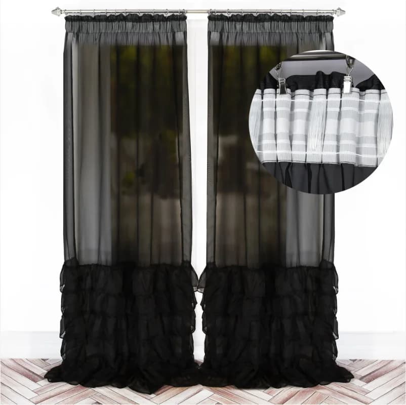 Detale i struktura materiału - Firana woalowa z falbanami na taśmie – Czarna 145x250 cm