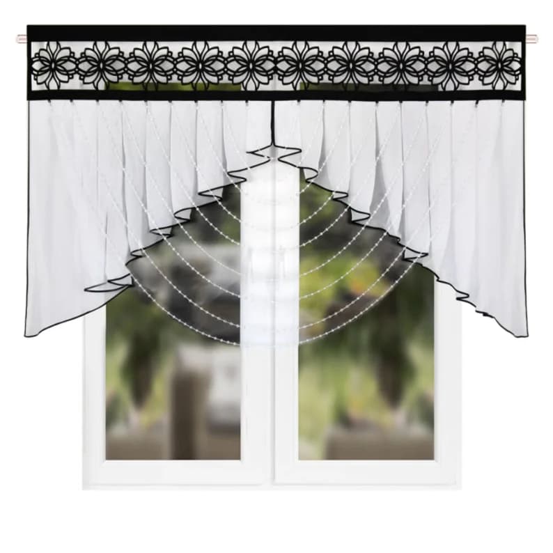 Firana woalowa z ażurem i koralikami – Biało-czarna 200x120 cm - Firana / Zasłona, sklep Firanka24