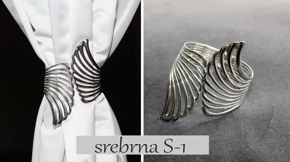 Detale i struktura materiału - Klamra do firan i zasłon ażurowe skrzydła – Srebrna