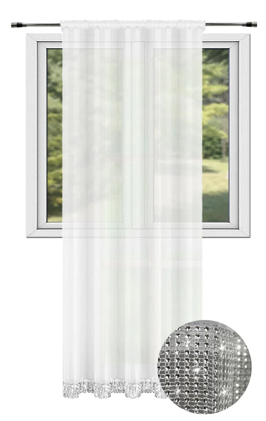Firana woalowa z cyrkoniami – Biała 145x250 cm - Firana / Zasłona, sklep Firanka24