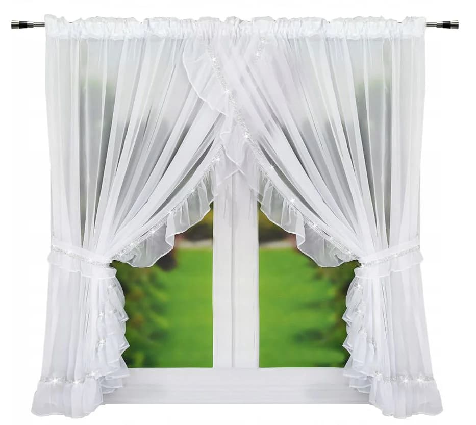 Firana woalowa z falbanami i cyrkoniami – Biel 400x160 cm - Firana / Zasłona, sklep Firanka24
