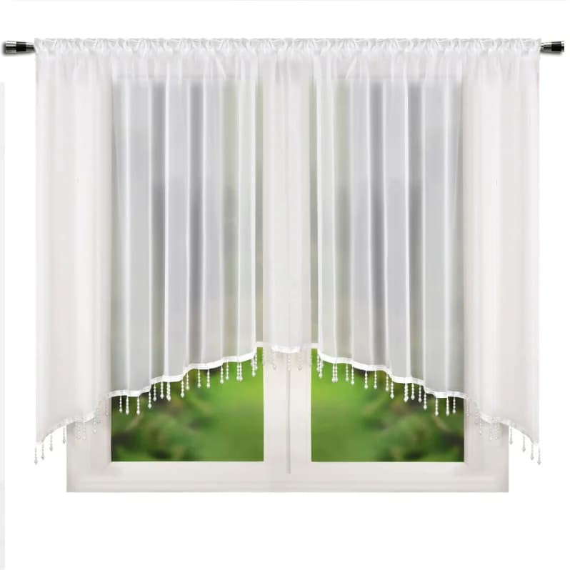 Firana woalowa w łuk z koralikami – Biel 400x155 cm - Firana / Zasłona, sklep Firanka24